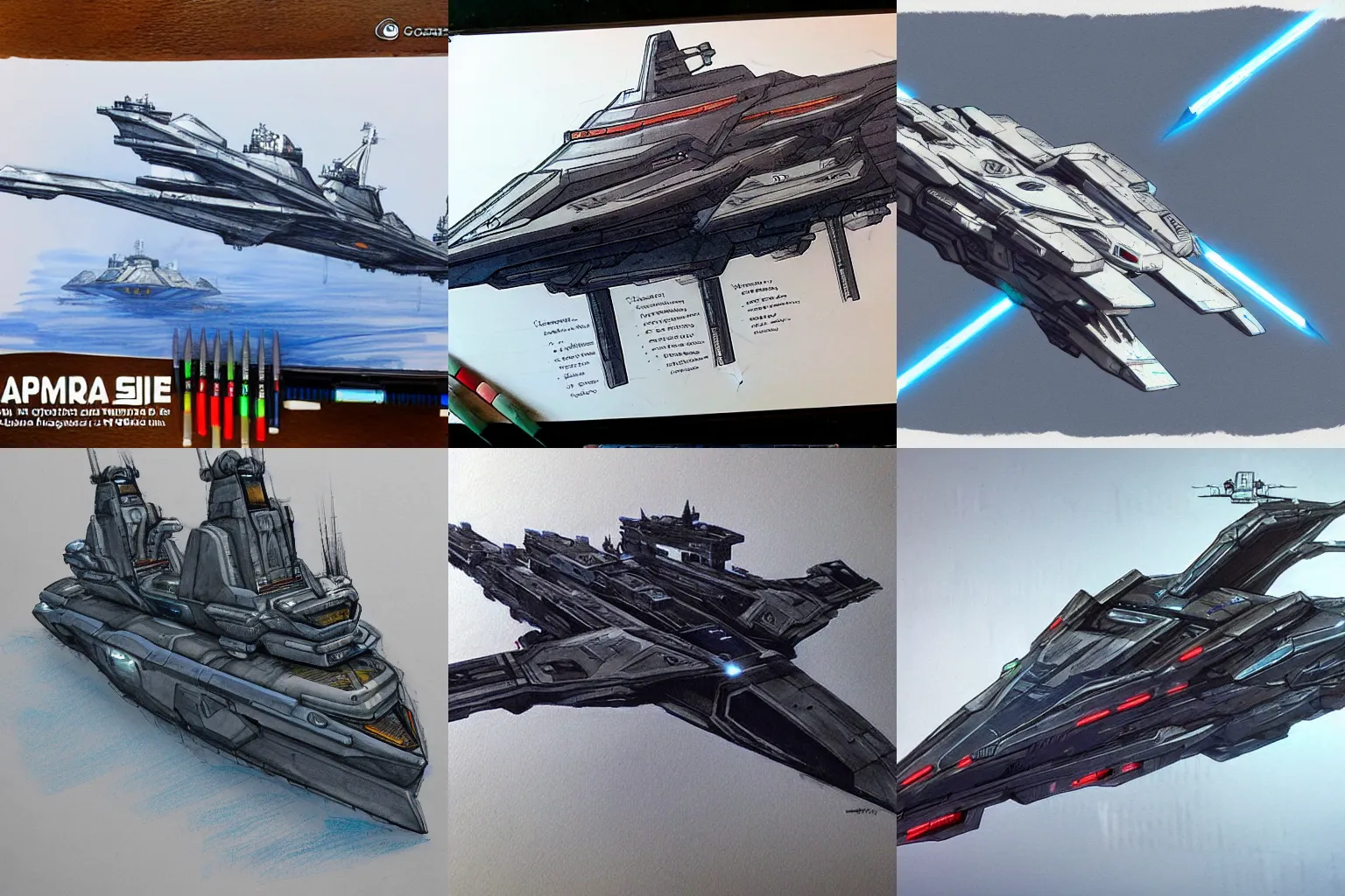 Prompt: Guardian AI capital ship, game studio concept art from sci-fi game Elite Dangerous, copic marker sketch, leaked photo