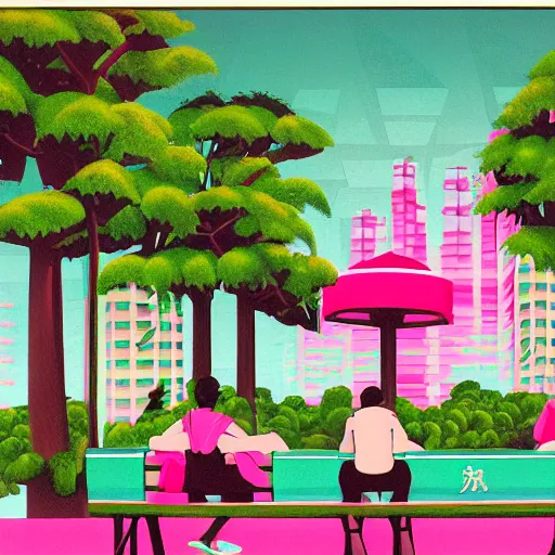 Image similar to art deco vaporwave illustration of a park with trees, benches, and a couple people playing mahjong, with a futuristic pink pastel city in the background