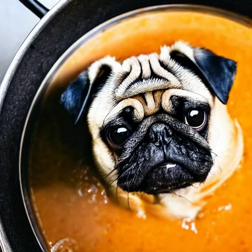 Image similar to An adorable pug sitting in a pot of soup on top of a stove, high resolution photograph