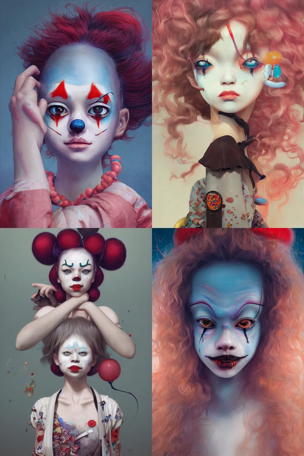 Image similar to breathtaking detailed painting of clown girl , with anxious, piercing eyes, Atari game cover art by Hsiao-Ron Cheng, James jean, Miho Hirano, Hayao Miyazaki, extremely moody lighting, hyperrealistic, octane render, RPG portrait, ambient light, dynamic lighting