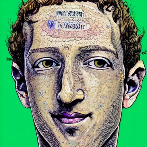 Image similar to the inner self of mark zuckerberg, psychedelic, lsd, epic beautifully detailed pen, ink and copic markers drawing by milo manara