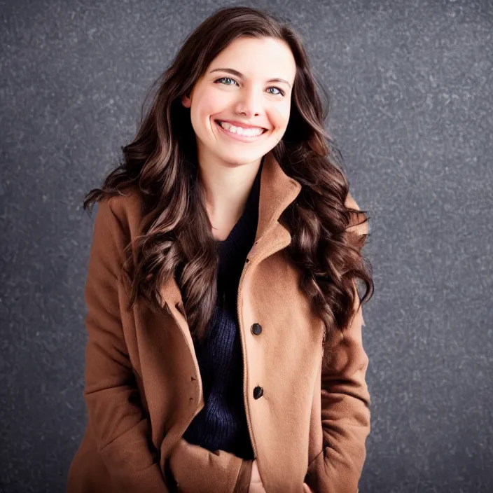 Prompt: a beautiful girl from minnesota, brunette, joyfully smiling at the camera slightly opening her brown eyes. thinner face, irish genes, dark chocolate hair colour, wearing university of minneapolis coat, perfect nose, morning hour, plane light, portrait, minneapolis as background. healthy, athletic, in her early 3 0