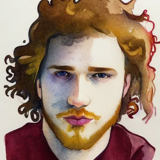 Image similar to abstract watercolor drawing of a young cute handsome beautiful strawberry blond medium very curly thick hair man in his early 2 0 s wearing a blank maroon t - shirt with grey - blue eyes, by elizabeth peyton and alphonse mucha, trending on artstation, artgen, tumblr