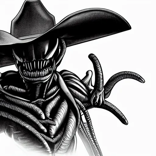 Image similar to a pencil sketch of a xenomorph alien wearing a cowboy hat, white background, fine detail, black and white