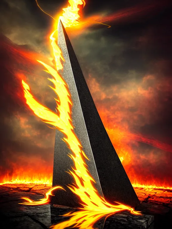 Prompt: savage electric flames engulfing an obsidian obelisk, rococo, smoky, beautiful, mythical, mystical, highly detailed, hyperrealistic, energy, low light, high contrast, lifelike, bright sky