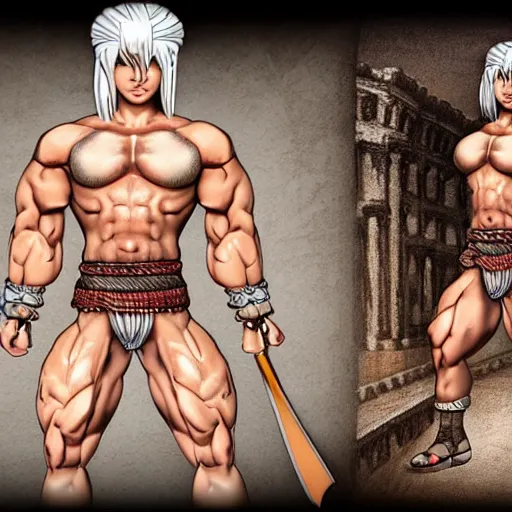 Image similar to roman general with a bodybuilder build, shaved white hair, loincloth, stern look, 4K, detailed, drawn by Sakimi chan