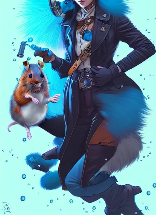 Image similar to style artgerm, joshua middleton, illustration, anthropomorphic hamster as cowboy steampunk, blue fur, swirling water cosmos, fantasy, dnd, cinematic lighting