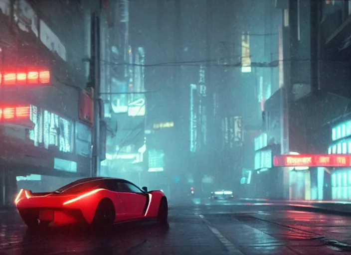 Prompt: Bladerunner 2049 scene red sports car driving on empty road dark atmospheric volumetric lighting grungy moody dark cinematic Roger Deakins Cinematography futuristic cyberpunk car soul red GTR NSX RX8 C3 Chaser S16 Evo X Z07 R34 ikuo maeda Newton Thomas Sigel bladerunner 2049 screen cap still