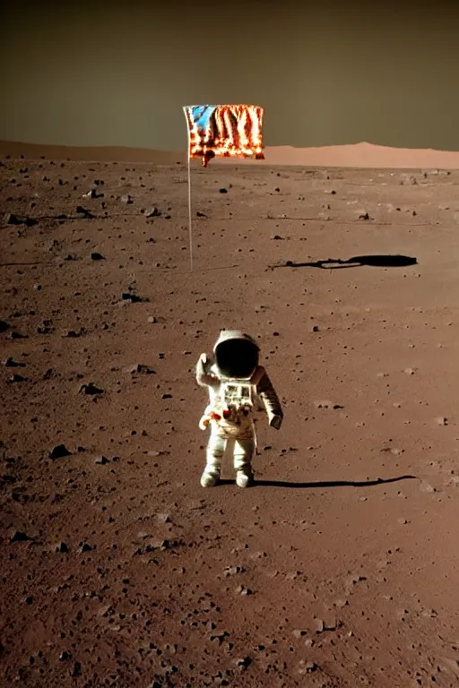 Prompt: apollo mission footage of astronaut waving a rainbow flag on mars