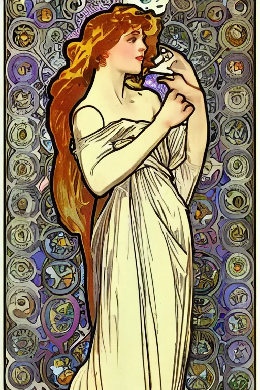 Image similar to Angel with Ring of light behind her, in the style of Alphonse Mucha