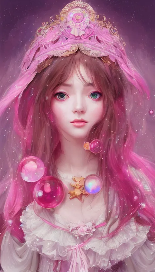 Image similar to portrait of magical lolita girl, dreamy and ethereal, expressive pose, big pink eyes, exciting expression, fantasy, intricate, elegant, many rainbow bubbles, rose tones, highly detailed, digital painting, artstation, concept art,cyberpunk wearing, smooth, sharp focus, illustration, art by artgerm and greg rutkowskiand alphonse mucha