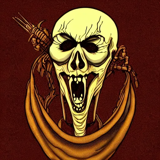 Prompt: skill icon of afraid fearful skeleton head and shoulders in the style of Greg Broadmore and junji ito and Arthur Rackham and Moebius, trending on artstation, light lighting side view,digital art,surrealism ,macro,blueprint ,vaporwave ,