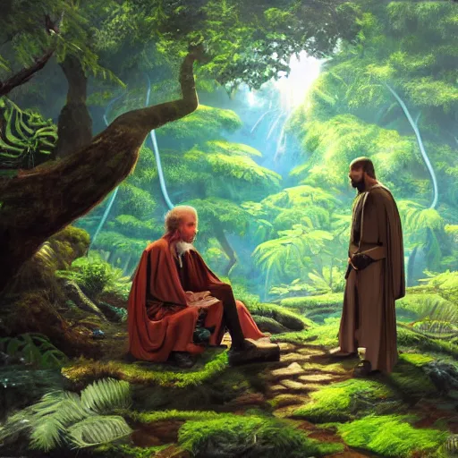 Image similar to stunning oil painting of a jedi master mentoring a jedi padawan on a lush jungle planet