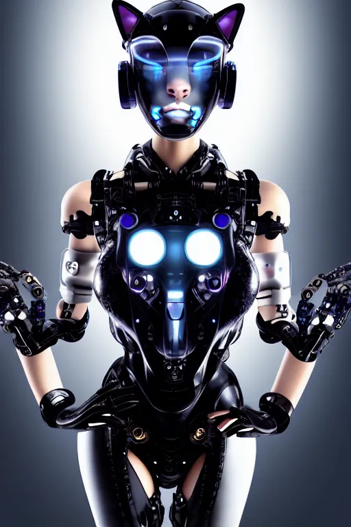 Image similar to cybernetic high tech catgirl with a cybercat on her head, sci - fi, cyberpunk, futurism, exoskeleton, strong artificial intelligence, symmetry, cinematic, elegant, luxury, professional studio light, perfect composition, dlsr photography, sharp focus, 8 k, ultra hd, sense of awe, highly detailed, hyper realistic, intricate, science journal cover