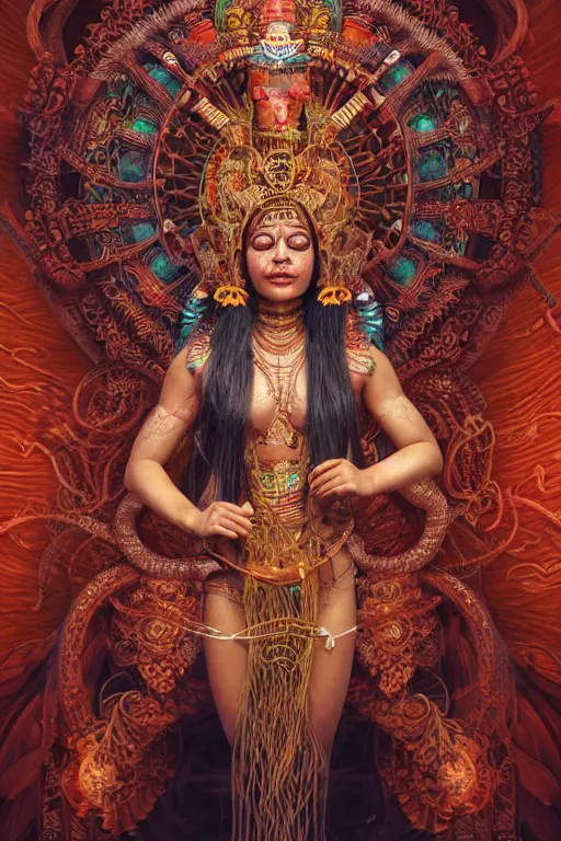 Image similar to an immaculate render of a dancing mayan goddess adorned with leaves and cables and bird wings parts, dancing in a temple surrounded by wild tentacles made from mandalas and incense smoke, full body, perfect face, powerful, cinematic, beautifully lit, by artgerm, by karol bak, 3 d, trending on artstation, octane render, 8 k