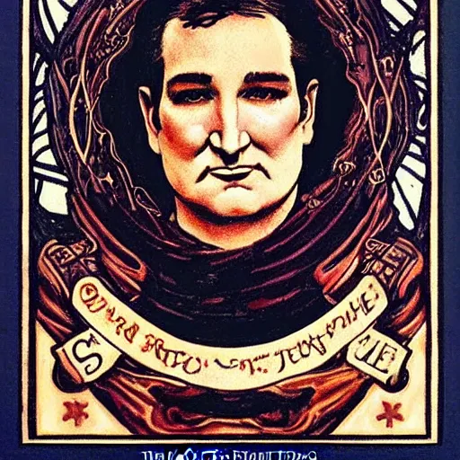 Prompt: ted cruz portrait by louis - theophile hingre, zodiac, tarot cards, planets, ethereal, art nouveau