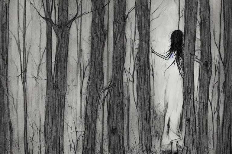 Image similar to mad girl wandering the woods artwork by ben templesmith