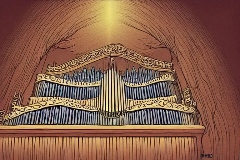 Image similar to A cell animation of a magical pipe organ made of wood, Miyazaki Hayao, ghibli style, illustration, anime, trending on artstaion