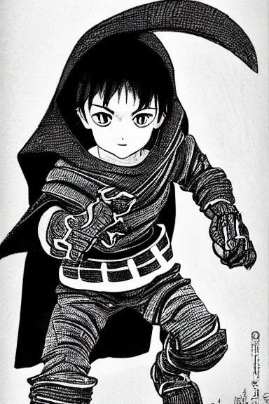 Image similar to attractive little boy wearing an ninja suit, black and white artwork made by kentaro miura