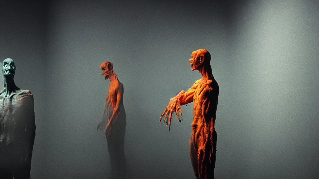 Image similar to the creature was my partner, made of glowing wax and ceramic, film still from the movie directed by denis villeneuve and david cronenberg with art direction by salvador dali and zdzisław beksinski, wide lens