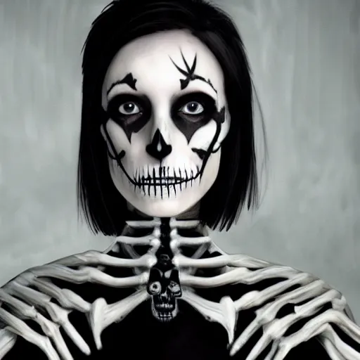 Image similar to a portrait of a scrawny teenage girl with short black hair and black irises. black and white skull facepaint. pointed face. black robes, corset of rib bones, femme-androgynous. surrounded by skeletons. holding a skull. black white and light blue color scheme, oil painting, matte painting, black background, Highly Detailed, Cinematic Lighting, Unreal Engine, 8k, HD, by Beksinski