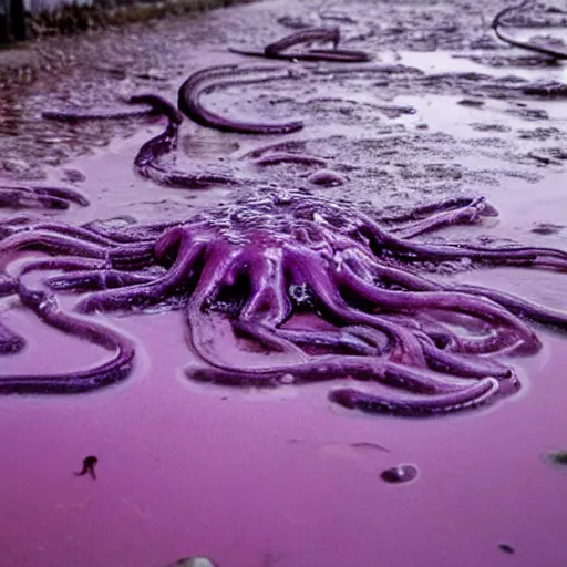 Image similar to close up eldritch purple tentacles and tendrils coming out of a puddle in a typical uk town. horror. sinister. polaroid