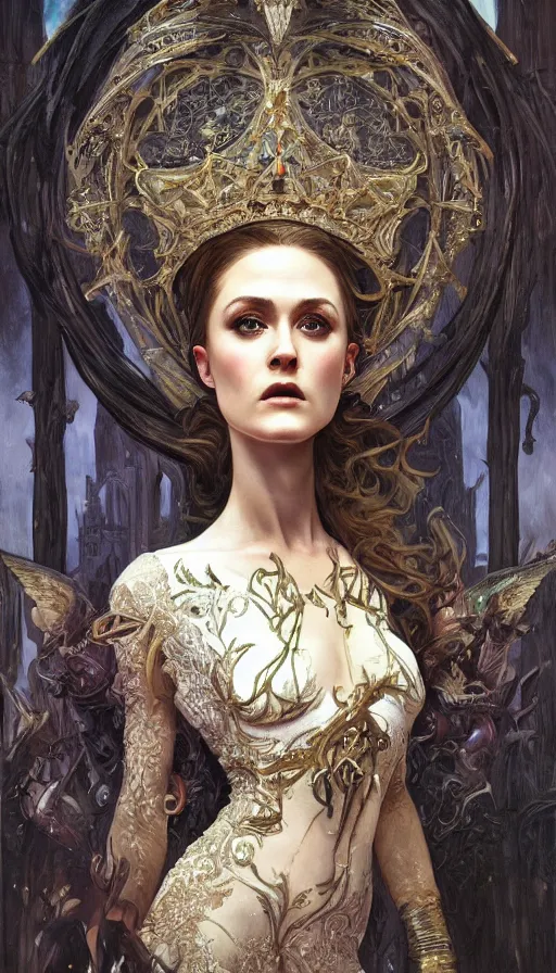 Image similar to a oil painting of a evan rachel wood queen, cute, fantasy, intricate, elegant, highly detailed, centered, digital painting, artstation, concept art, smooth, sharp focus, illustration, art by artgerm and h r giger and alphonse mucha