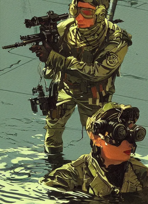 Image similar to Dinah. USN blackops operator emerging from river near shipyard. Agent wearing Futuristic stealth suit. rb6s, MGS, and splinter cell Concept art by James Gurney, Alphonso Mucha. Vivid color scheme.