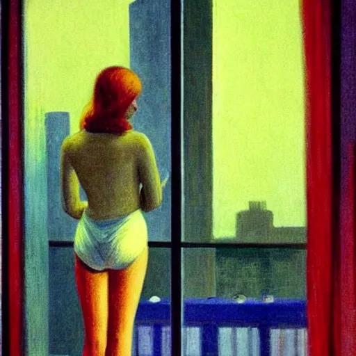 Prompt: blonde girl looking out the window of her hotel room, rainy night, neon lighting, by Edward Hopper