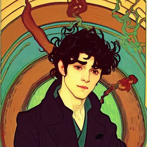 Image similar to painting of young cute handsome beautiful dark medium wavy hair man in his 2 0 s named shadow taehyung and cute handsome beautiful min - jun together at the halloween! party, bubbling cauldron!, candles!, smoke, autumn! colors, elegant, wearing suits!, delicate facial features, art by alphonse mucha, vincent van gogh, egon schiele