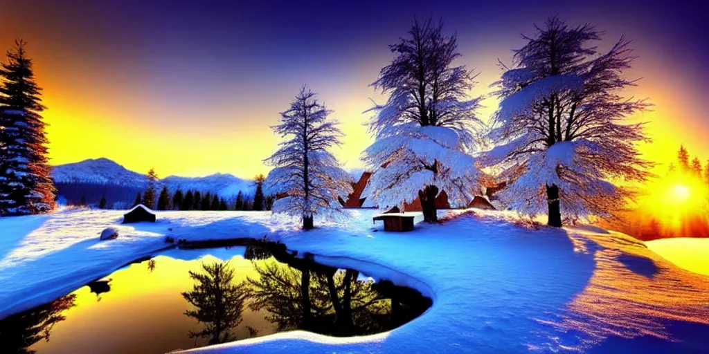 Image similar to a beautiful fantasy landscape, snowy mountain in background, little cottage, small pond, some trees in the corner, sunrise.