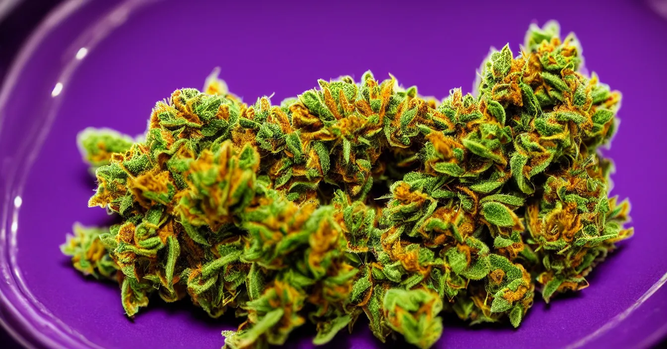 Image similar to marijuana on an incandescent purple plate, bokeh, close up, super macro, 8 k