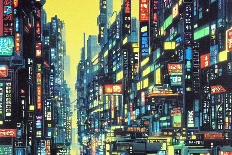 Image similar to 1979 Popular Science Magazine Cover of neo-Tokyo at street level, city in cyberpunk style by Vincent Di Fate