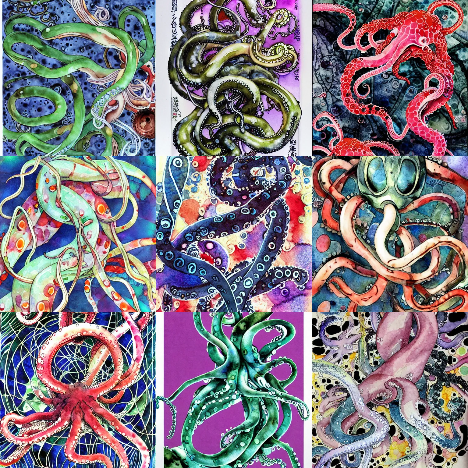 Prompt: tentacles and fingers artwork by yoshitaka amano, watercolors background, collage