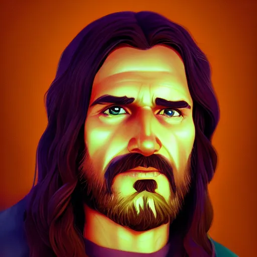 Image similar to Portrait of Jesus Christ, mattepainting concept Blizzard pixar maya engine on stylized background splash comics global illumination lighting artstation lois van baarle, ilya kuvshinov, rossdraws