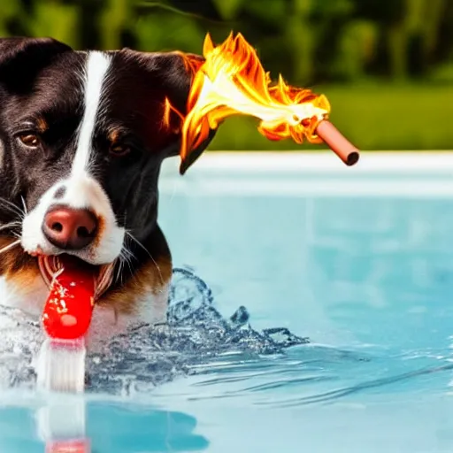 Image similar to dog-garlic spewing fire from his mouth while in the pool