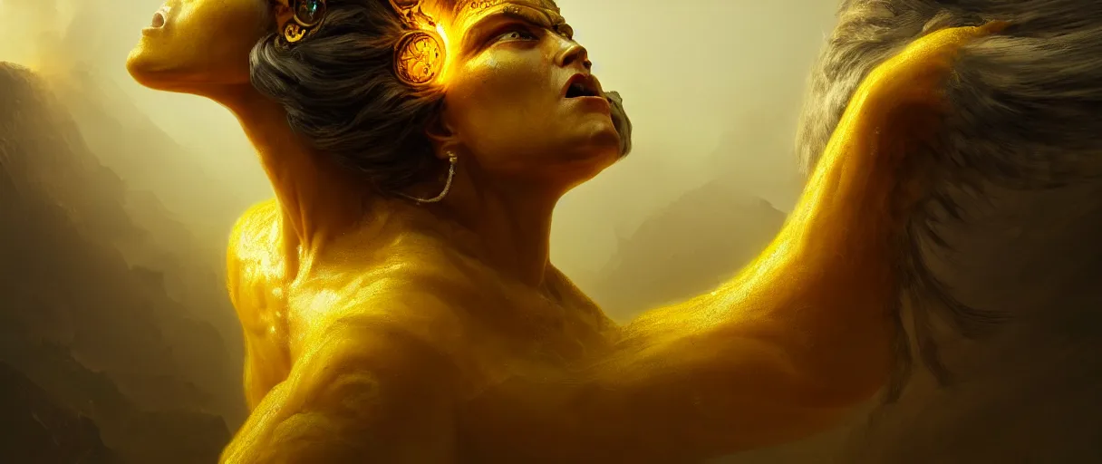 Image similar to hyperrealist highly detailed neo-baroque god as an angry amazon woman crushing earth into pieces concept art pascal blanche key sage dramatic yellow lighting 8k wide angle shallow depth of field