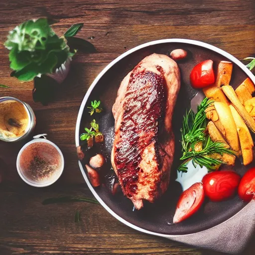 Prompt: photo of a chicken eating a steak, 50mm, beautiful photo