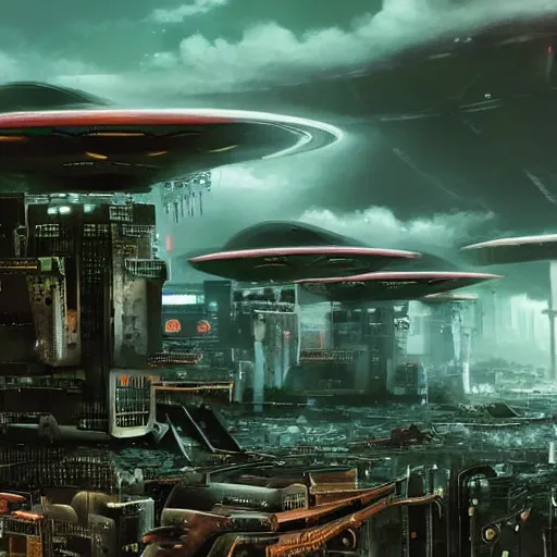 Image similar to post dystopian cyber punk civilization being destroyed by flying saucers and alien robots