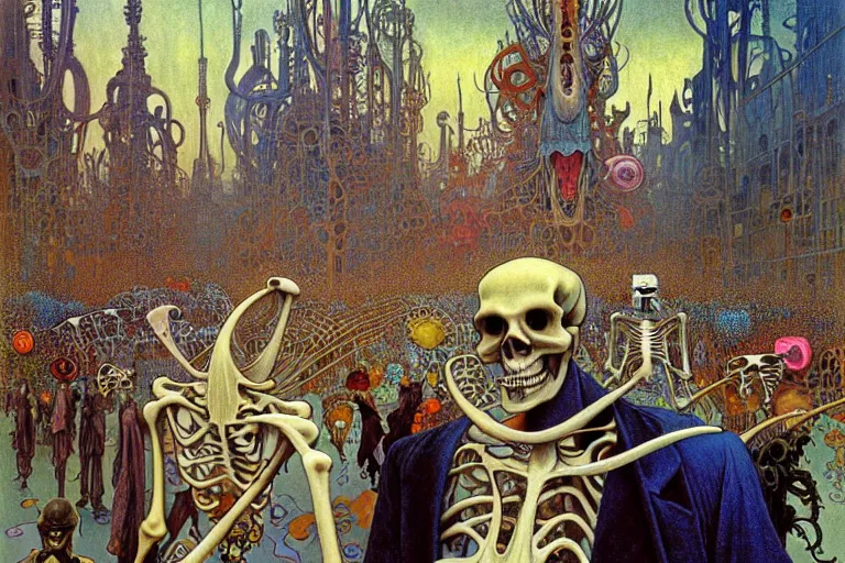 Image similar to realistic detailed portrait painting of a skeleton in a crowded futuristic street by Jean Delville, Amano, Yves Tanguy, Alphonse Mucha, Ernst Haeckel, Edward Robert Hughes, Roger Dean, rich moody colours, blue eyes