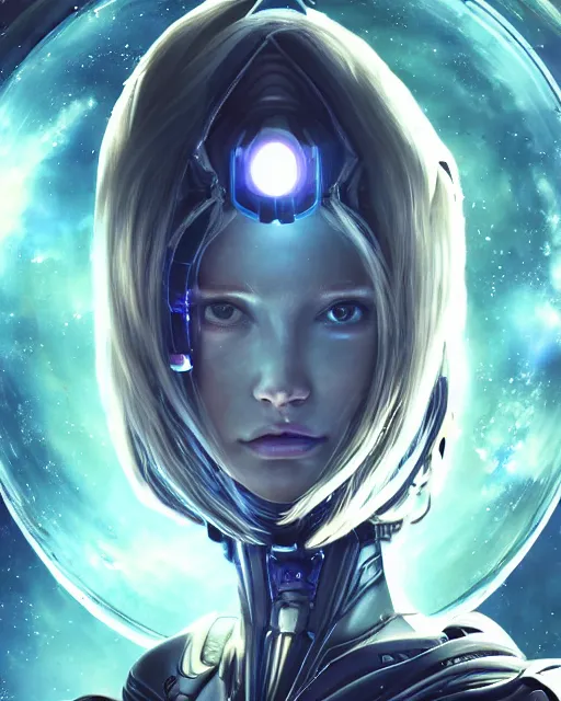 Image similar to photo of a android girl on a mothership, warframe armor, beautiful face, scifi, nebula, futuristic background, galaxy, raytracing, masterpiece, ethereal, beauty, long white hair, blue cyborg eyes, cosmic wind, flow, 8 k high definition, insanely detailed, intricate, innocent, art by akihiko yoshida, antilous chao, woo kim