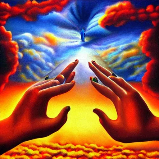 Image similar to couple walking hand in hand, in heaven and hell at the same time, surrealistic realistic painting, detailed