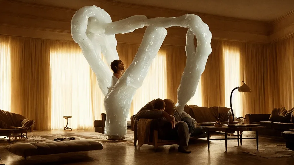 Image similar to a giant hand made of wax and water floats through the living room, film still from the movie directed by Denis Villeneuve with art direction by Salvador Dalí, wide lens