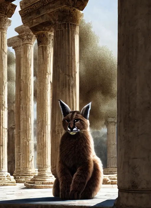 Image similar to hyper realistic fluffy caracal dressed in toga, in ancient greek city, marble columns, temple, olive trees, atmospheric beautiful details, strong composition painted by kim jung giu weta studio rutkowski, james gurney and greg rutkowski, and lucasfilm