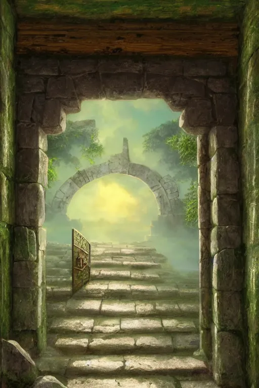 Prompt: platform door of ancient building, dream, cloud, tintal effect, super detail, 8 k, volume light, ultragreen, chinese traditional color tone, by hayao miyazaki and lee madgwick, trending on artstation