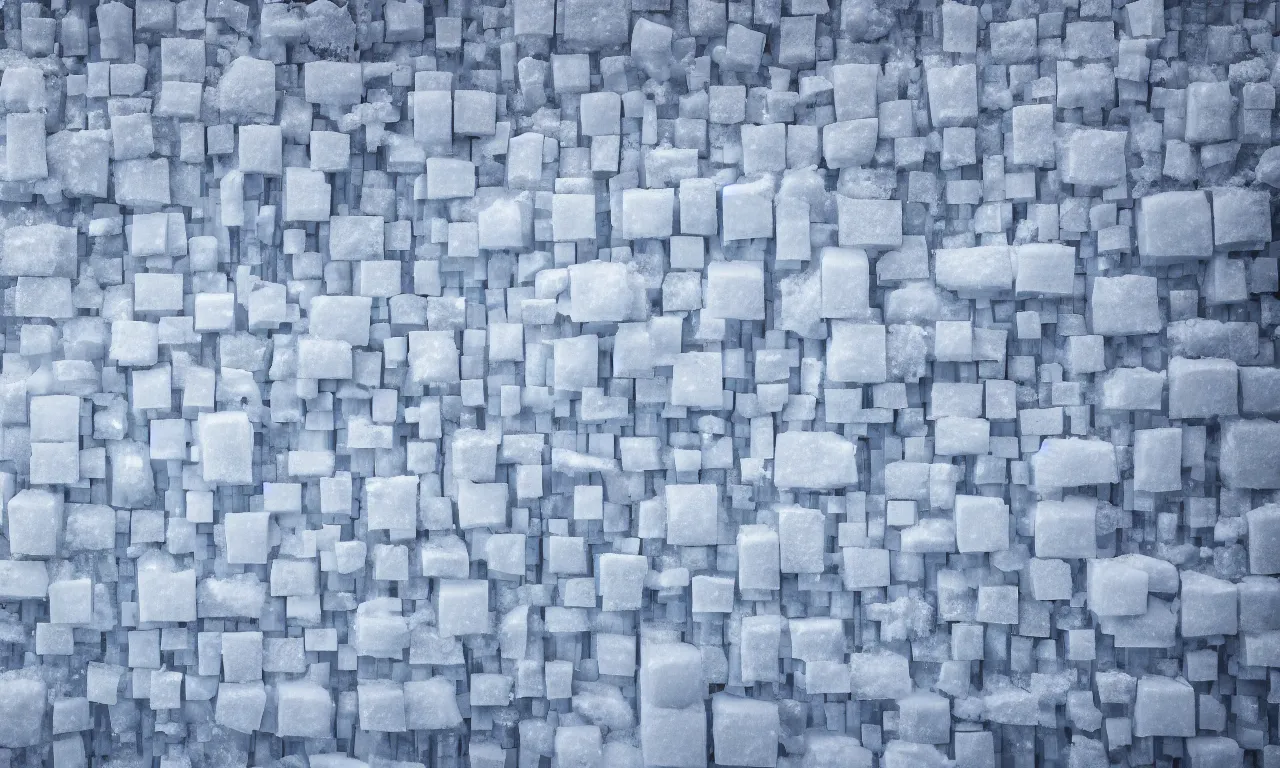 Image similar to a wall made of stacked ice in distance snowstorm ， high quality, octane render ， icey tundra, snowy landscape