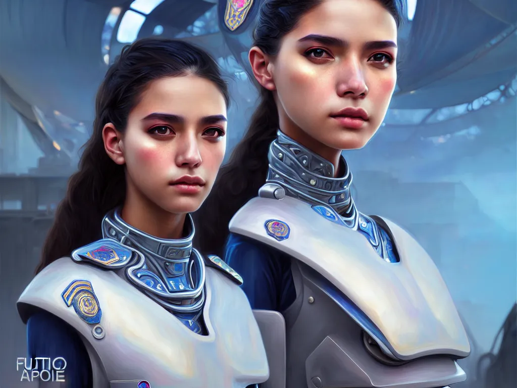 Image similar to portrait futuristic venezuela police uniform girl, at future neon light rooftop, ssci - fi and fantasy, intricate and very very beautiful and elegant, highly detailed, digital painting, artstation, concept art, smooth and sharp focus, illustration, art by tan zi and ayanamikodon and alphonse mucha and wlop