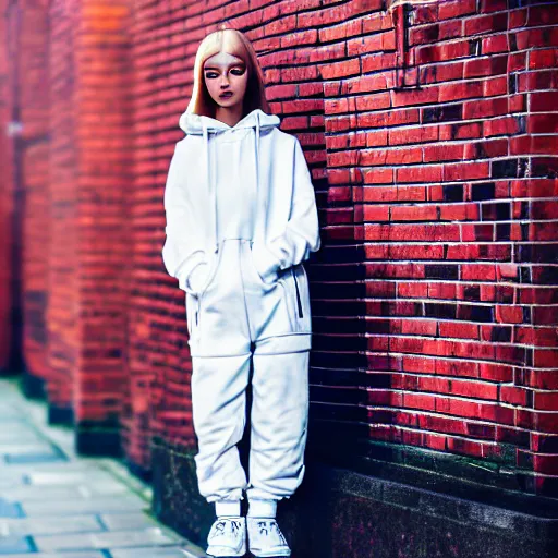 Image similar to un ultra high definition modern streetwear art photographic portrait of a female designer standing outside her red brick london home wearing all white. wide angle. three point light. golden hour, golden ratio, ray tracing, volumetric light and shadow, shallow depth of field.