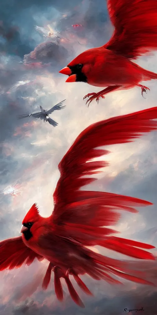 Image similar to a painting of a red cardinal flying through the sky, poster art by raymond swanland, deviantart, fantasy art, christian, deviantart, mystical