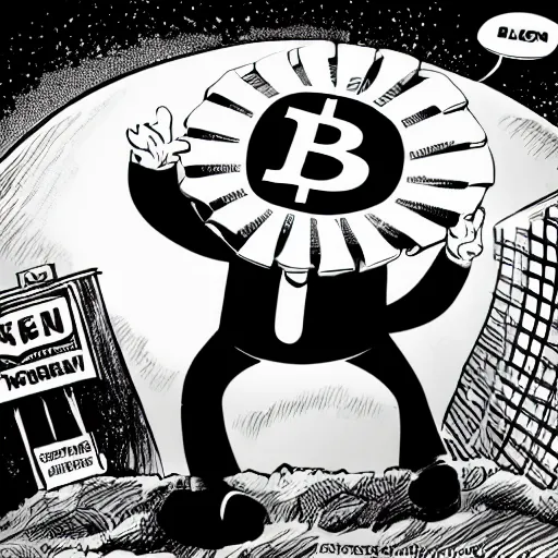 Image similar to people running away scared from a giant with bitcoin head, comic art, 8k